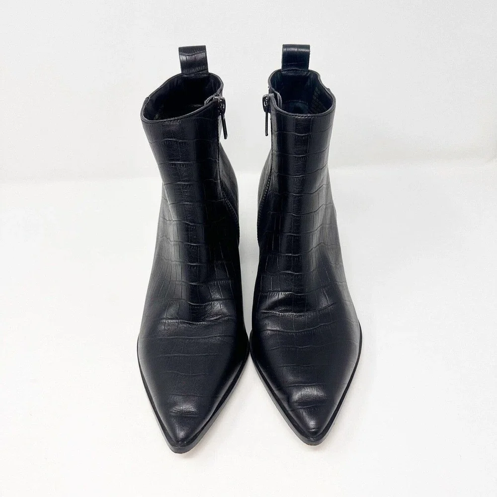Saks Fifth Avenue Ankle Bootie Sz 7.5M Emerson Croc-embossed Leather Block Heel